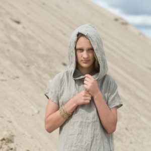 Short sleeve linen hoodie dress forest | linen summer dress