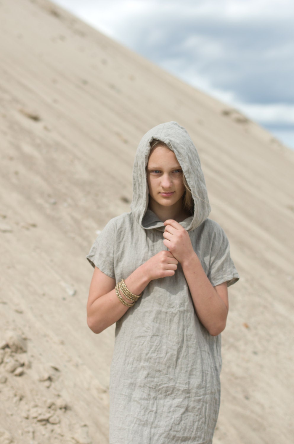 Short sleeve linen hoodie dress forest | linen summer dress