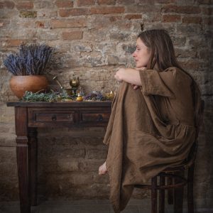 Linen dress provence, buttoned linen summer dress with a gathered waist, retro style linen dress with pockets,  v-neck dress for women