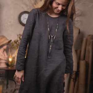 100% linen dress with long sleeves and a tie closure at the back, available in custom length and 52 colors | the august