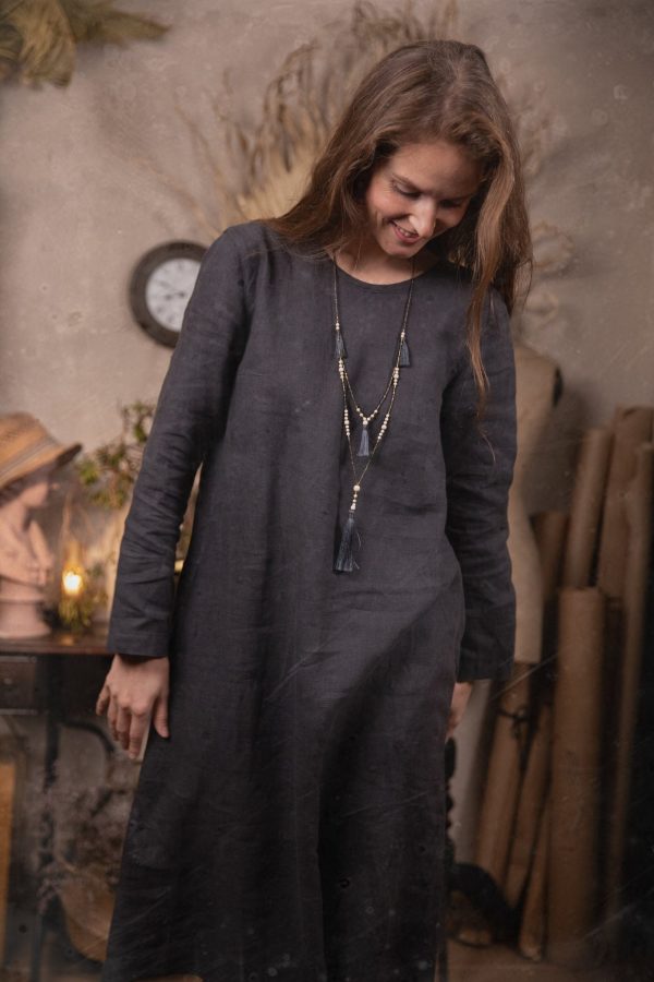 100% linen dress with long sleeves and a tie closure at the back, available in custom length and 52 colors | the august
