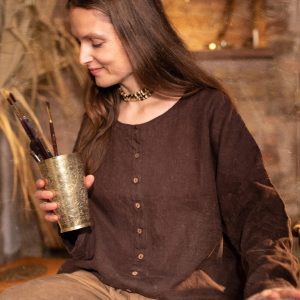 Linen button-up blouse with long sleeves and boat neck, available in custom length and 52 colors | the seashore