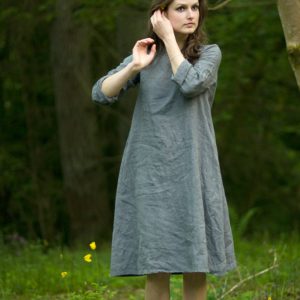 Linen summer dress trapeze | dress with long sleeves for women