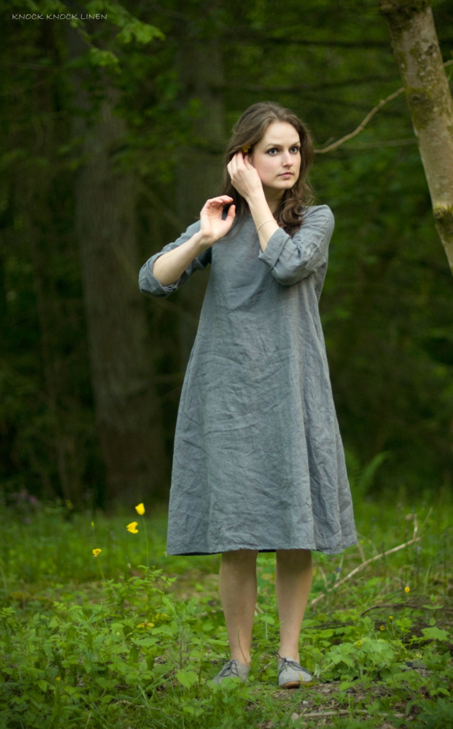 Linen summer dress trapeze | dress with long sleeves for women
