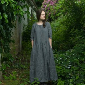 Long linen dress | button up linen dress with wide long skirt