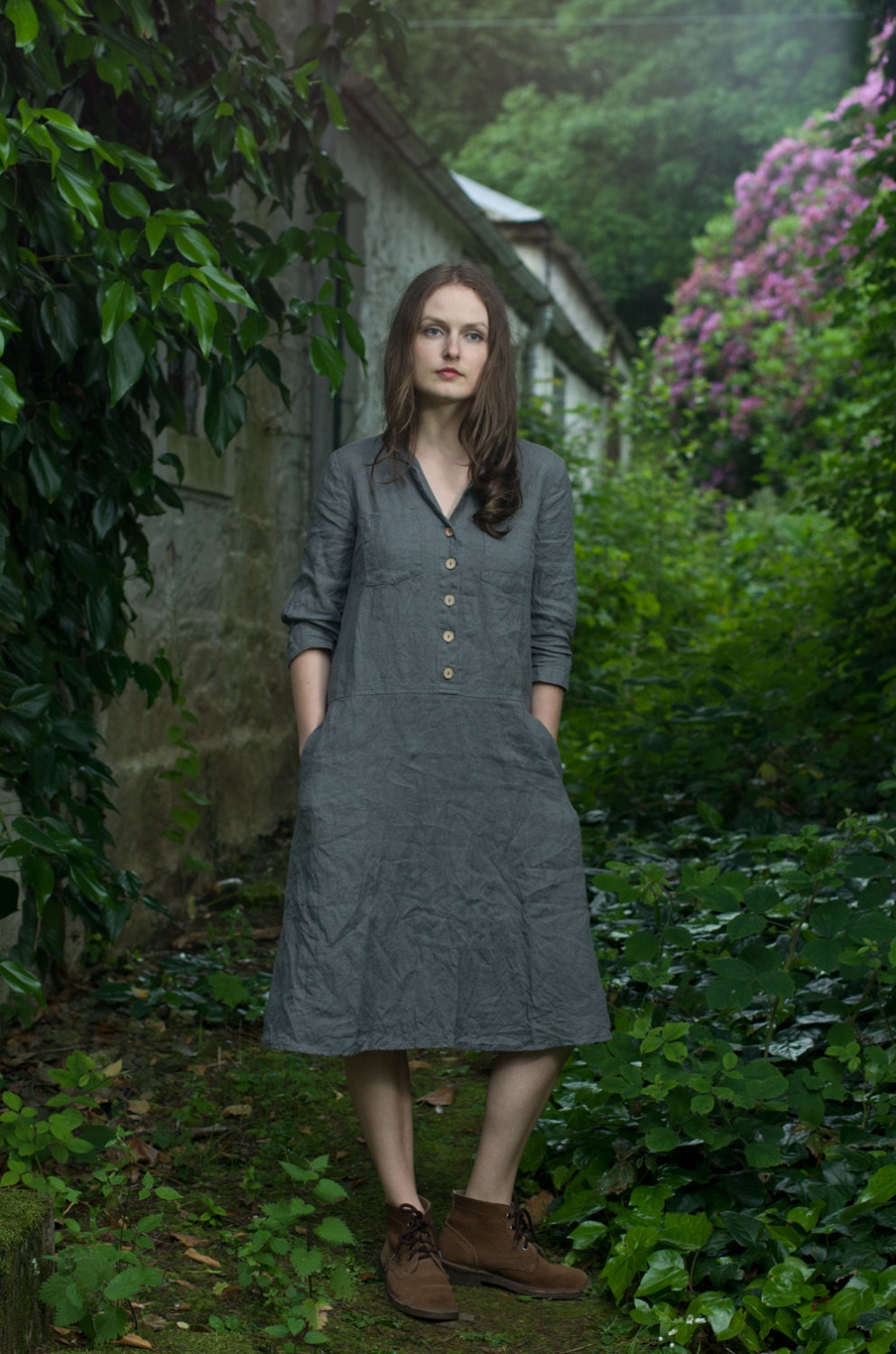 Retro buttoned v-neck dress the work - Image 2