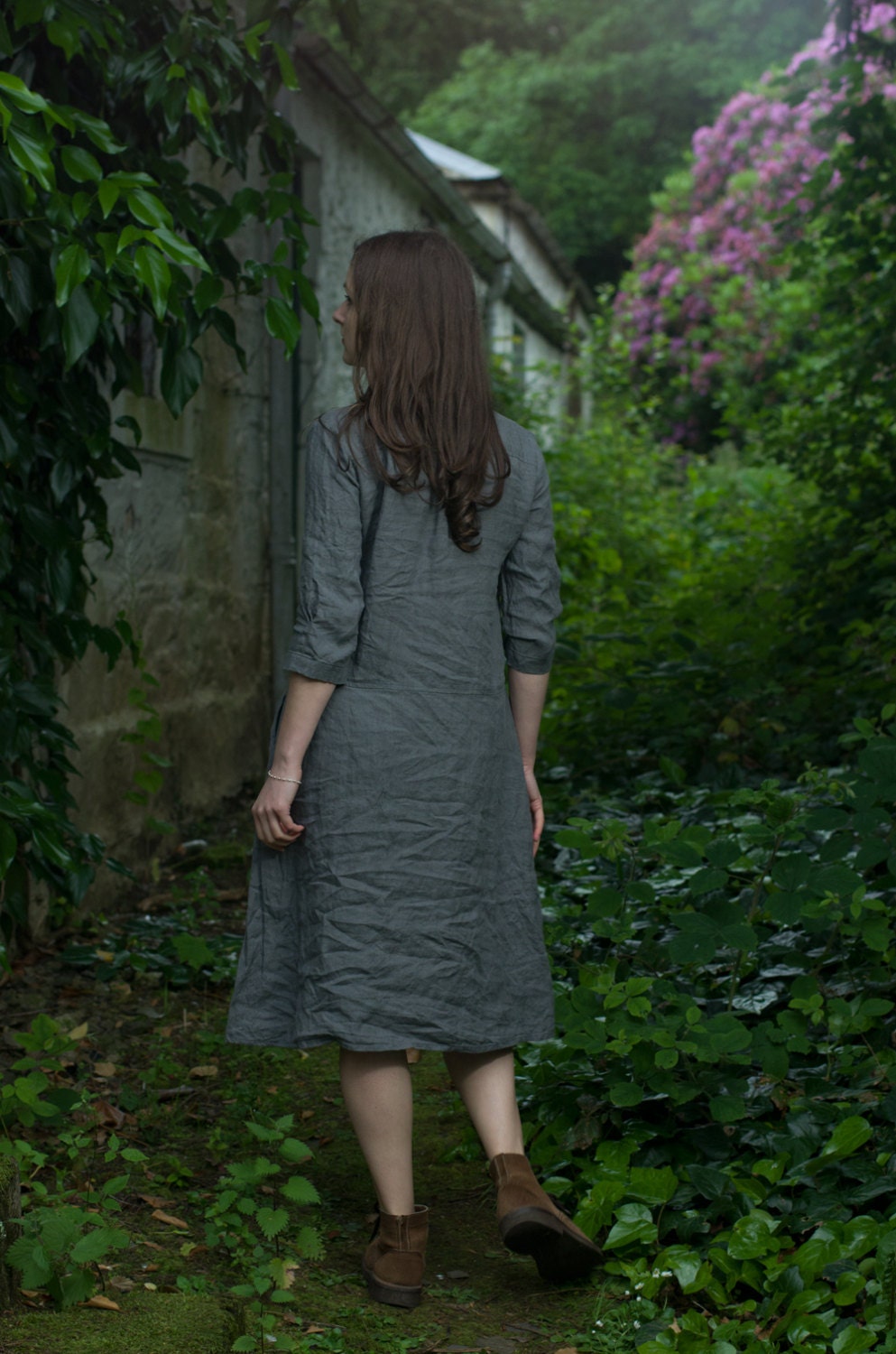 Retro buttoned v-neck dress the work - Image 3