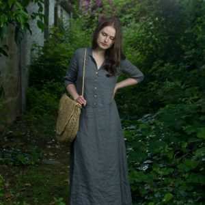 Retro style v-neck linen dress in a custom length