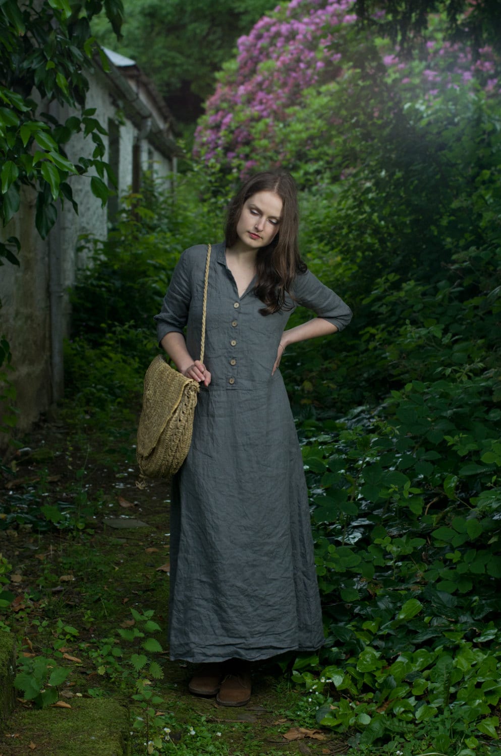 Retro style v-neck linen dress in a custom length