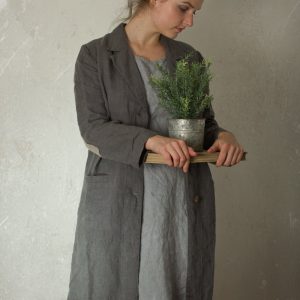 Long linen overcoat with contrasting elbow patches