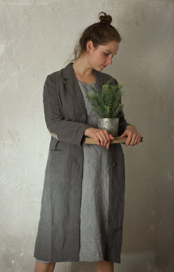 Long linen overcoat with contrasting elbow patches