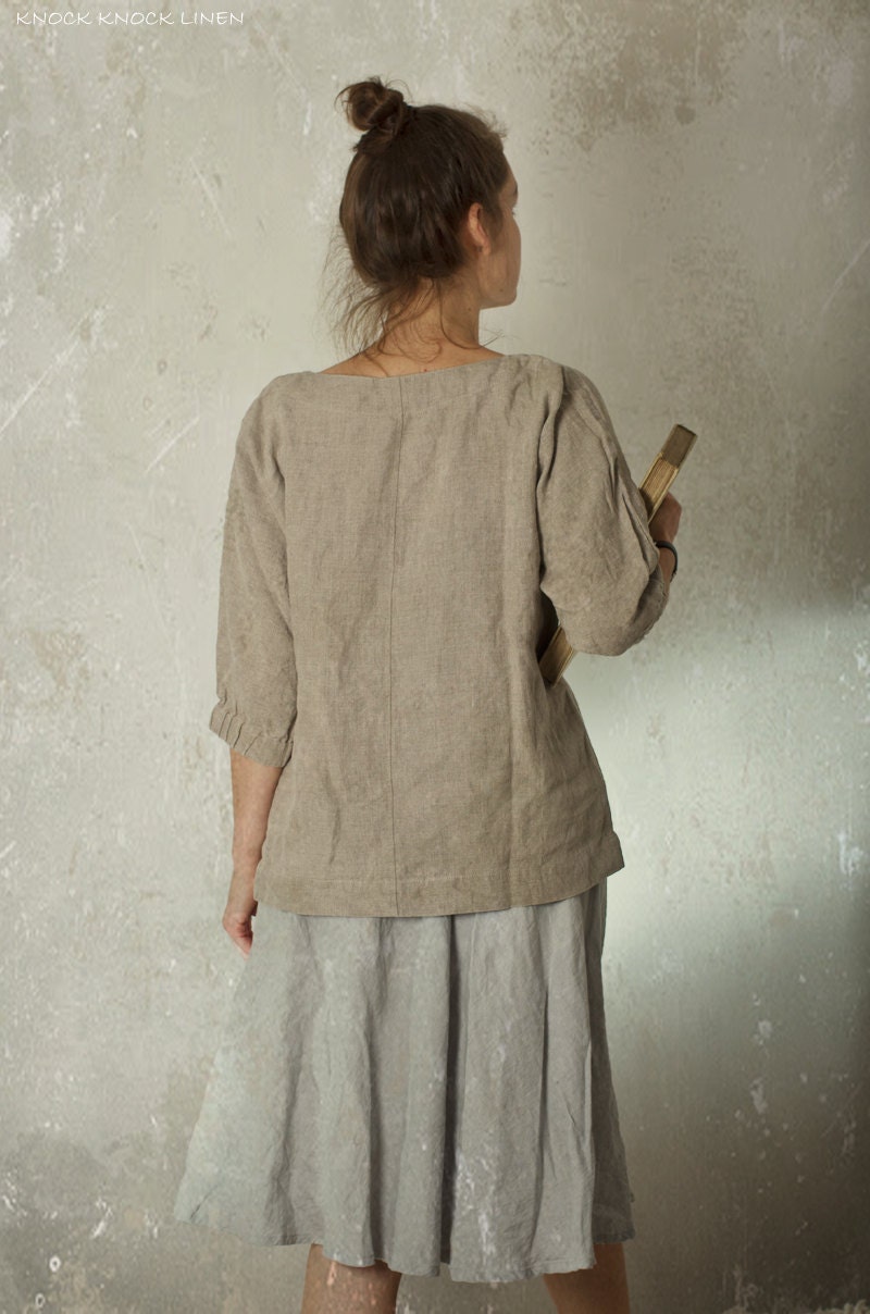 Linen top moon | loose linen top with gathered cuff and boat neck | loose summer blouse | linen top women | romantic linen blouse - Image 3
