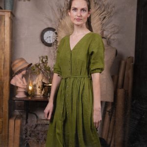 Buttoned linen dress provence with puff sleeve