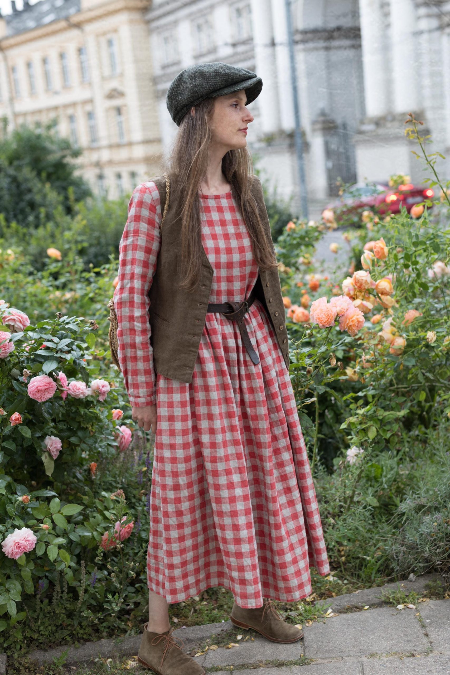 Red gingham linen smock dress with long sleeves and a gathered skirt. in size m - Image 9