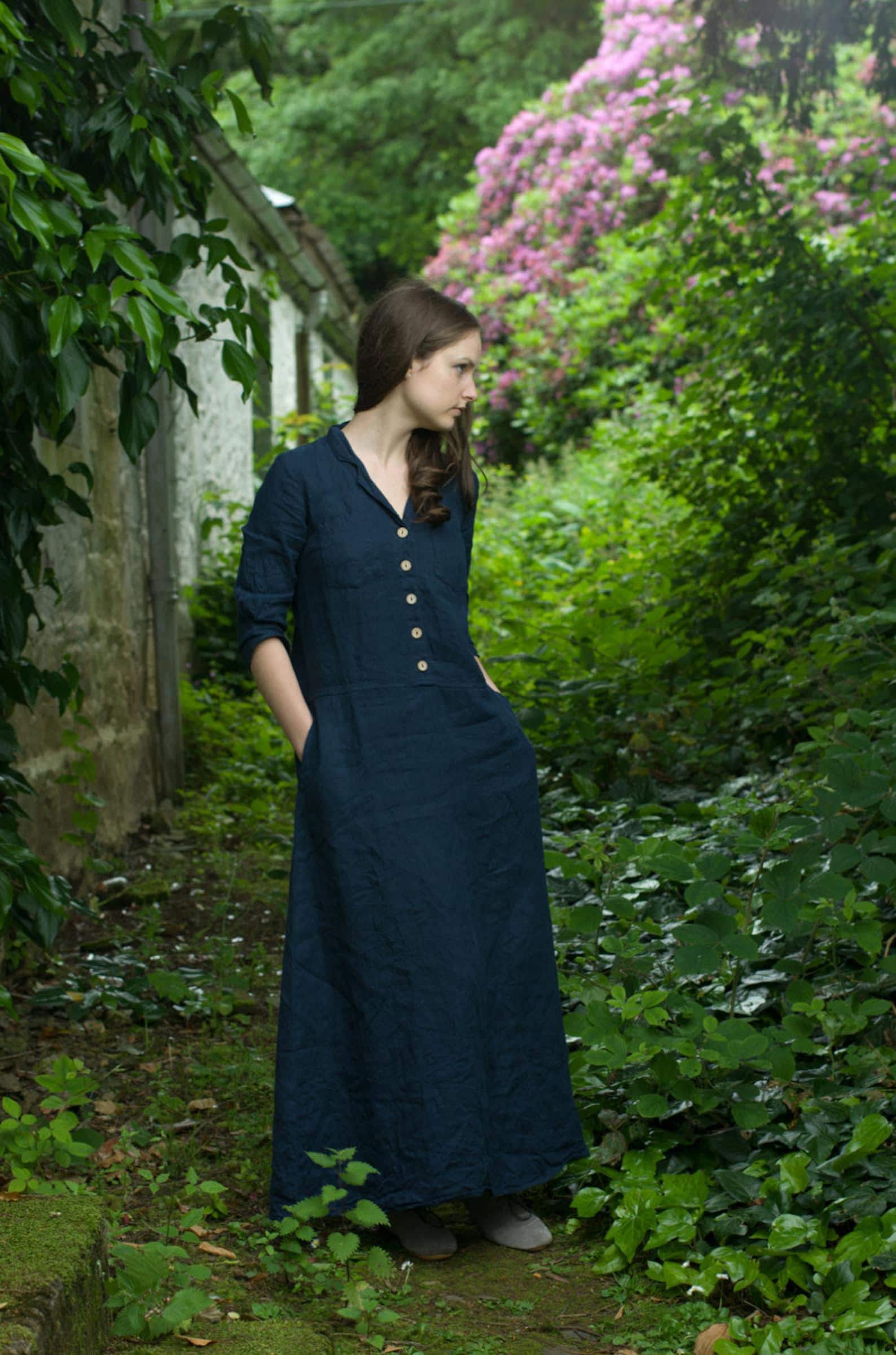 1940s v-neck linen dress with a buttoned bodice and a notched lapel | autumn summer dress is available in custom length | the work - Image 8
