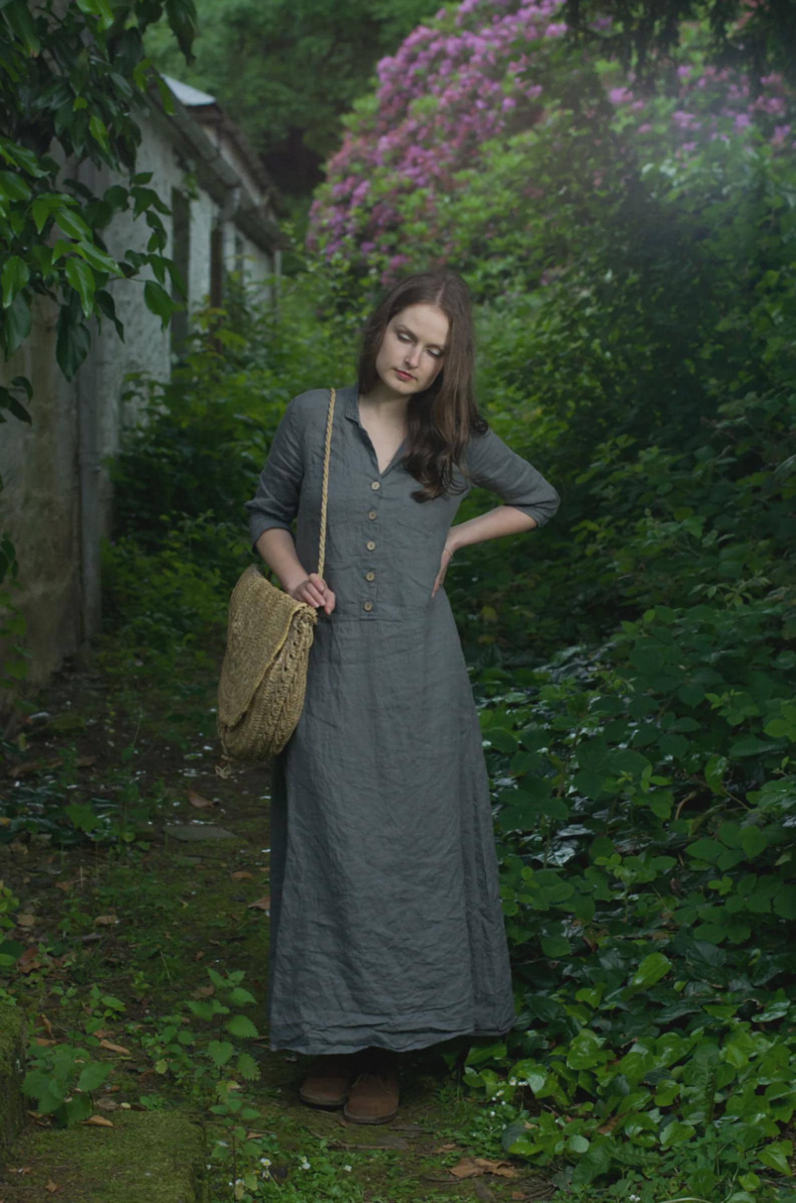 1940s v-neck linen dress with a buttoned bodice and a notched lapel | autumn summer dress is available in custom length | the work - Image 7