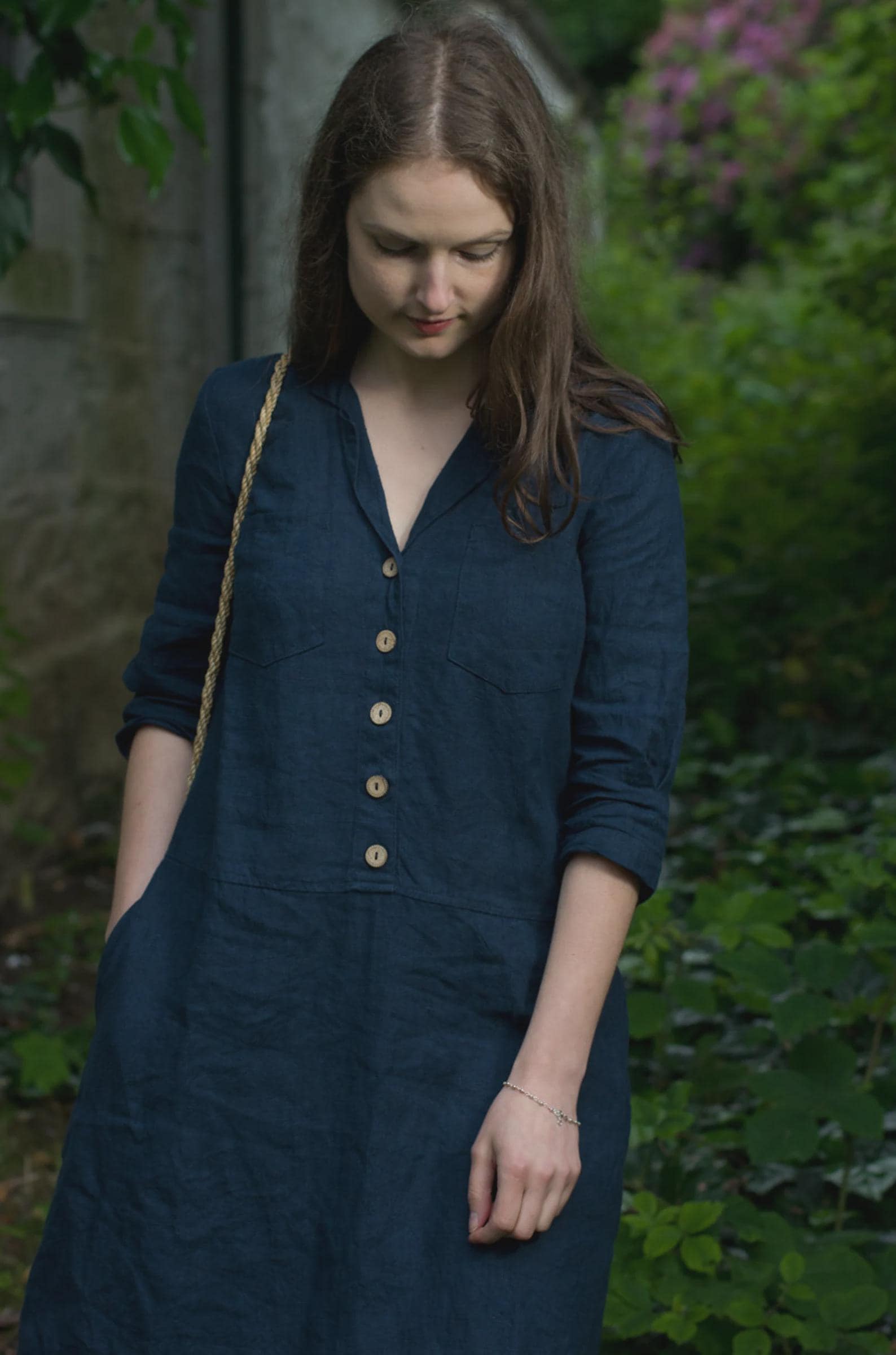 1940s v-neck linen dress with a buttoned bodice and a notched lapel | autumn summer dress is available in custom length | the work - Image 9