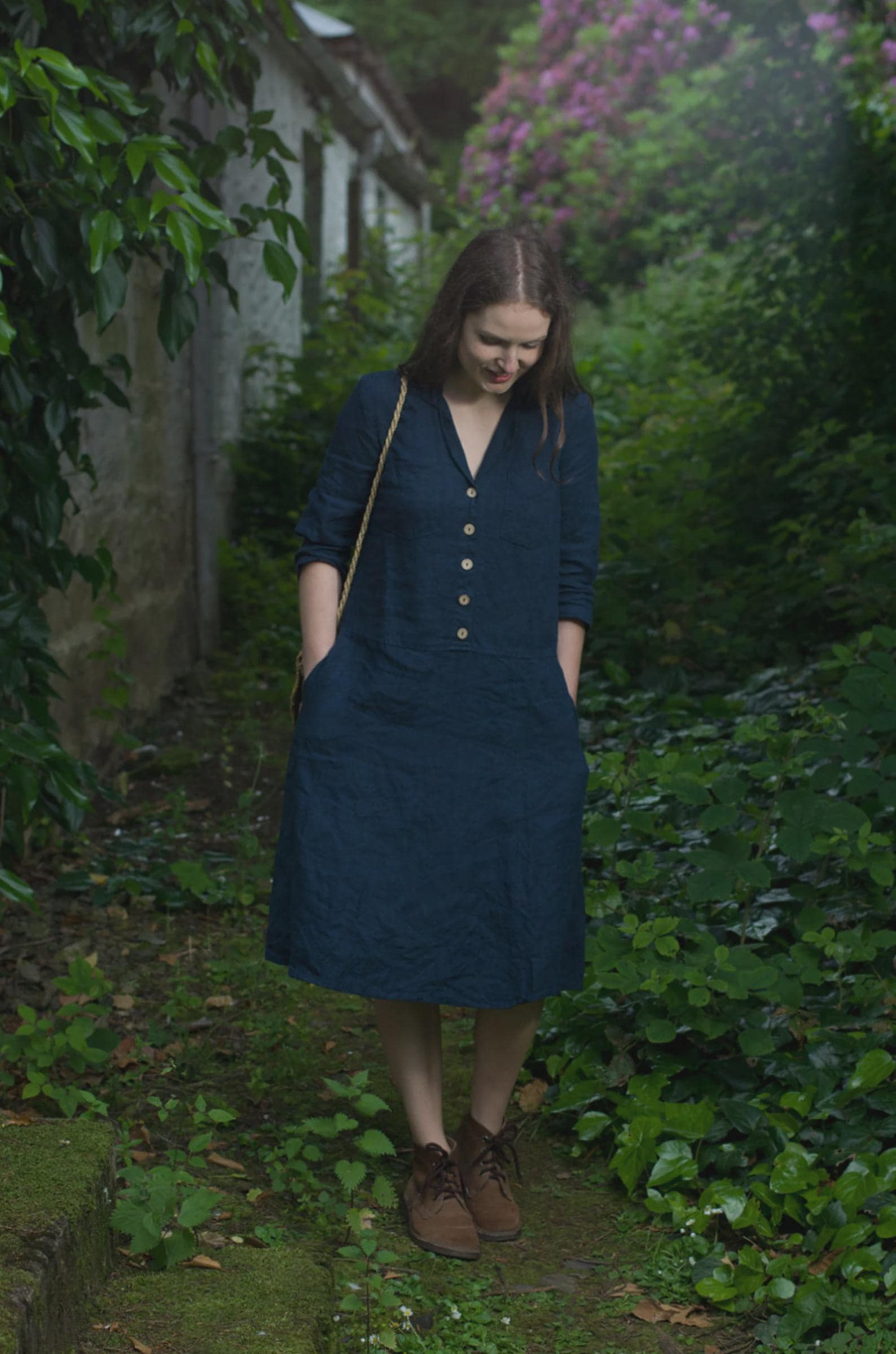 1940s v-neck linen dress with a buttoned bodice and a notched lapel | autumn summer dress is available in custom length | the work - Image 12