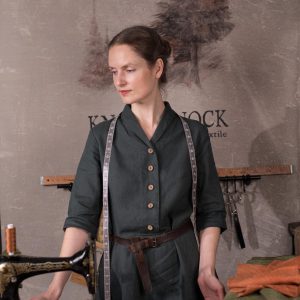 Classic v-neck shawl collar linen dress with tie belt