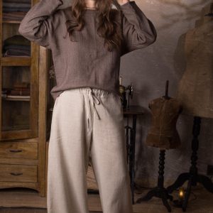 Woolen palazzo pants - wind. elastic waist, wide leg wool linen blend trousers