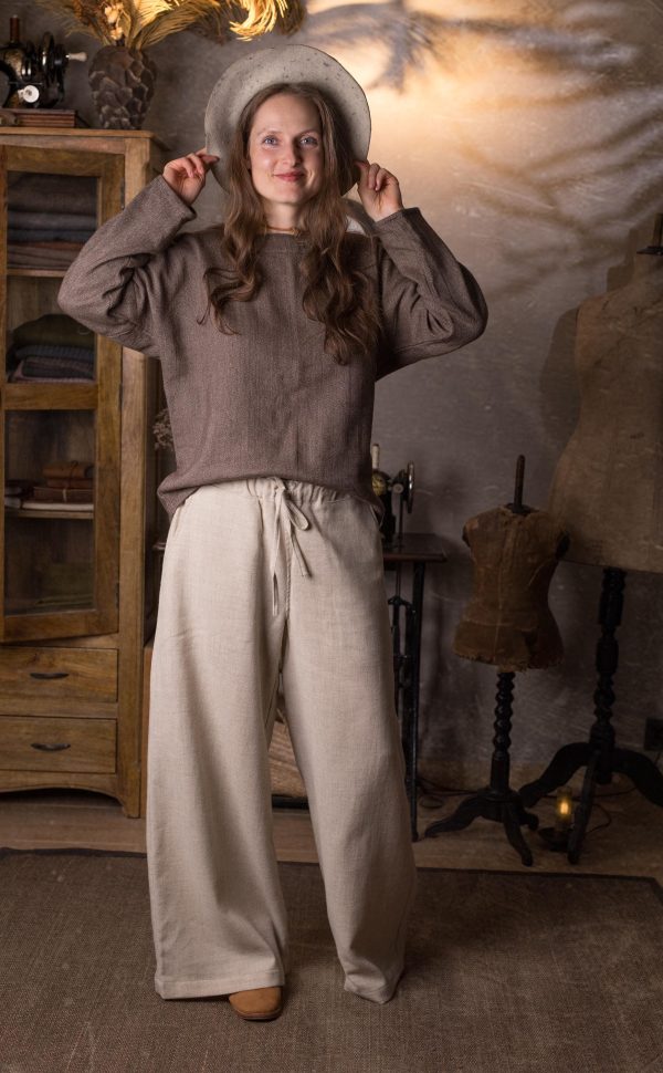 Woolen palazzo pants - wind. elastic waist, wide leg wool linen blend trousers