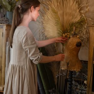 Long linen smock dress with gathered skirt and sleeves