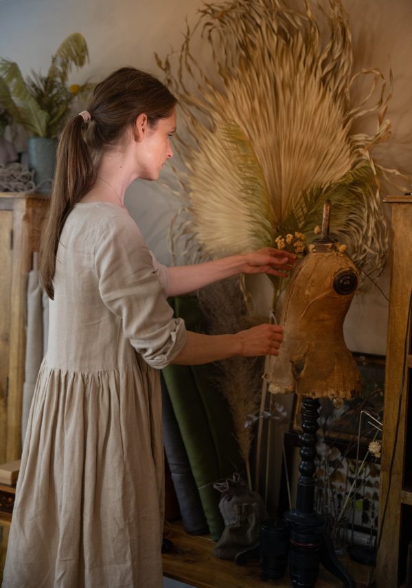 Long linen smock dress with gathered skirt and sleeves