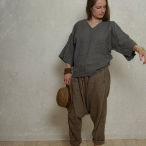 V-neck linen kimono blouse | plus size loose linen blouse