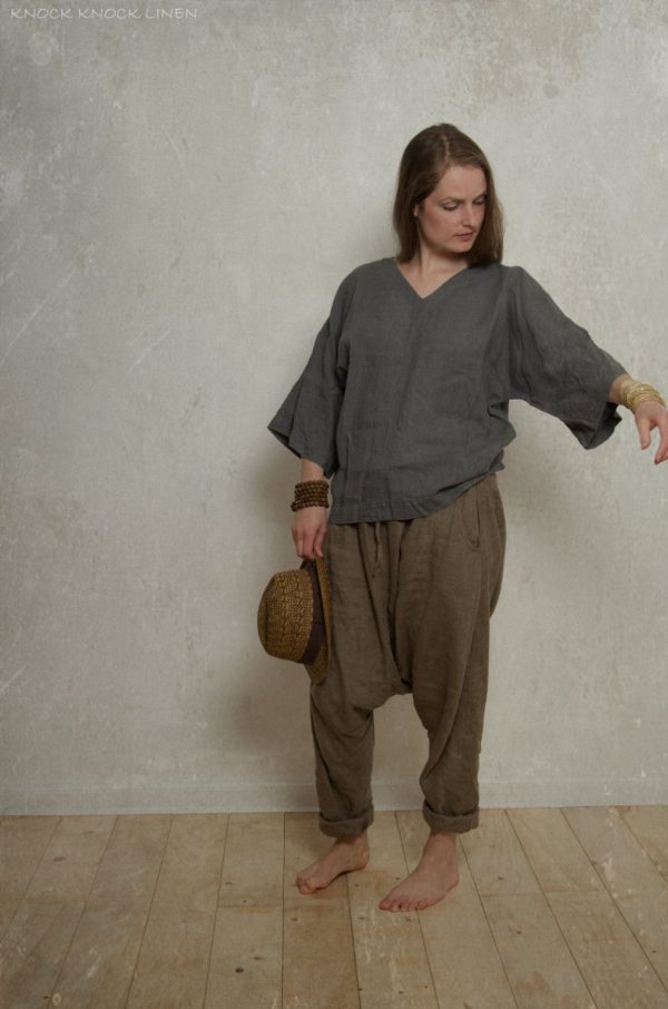 V-neck linen kimono blouse | plus size loose linen blouse