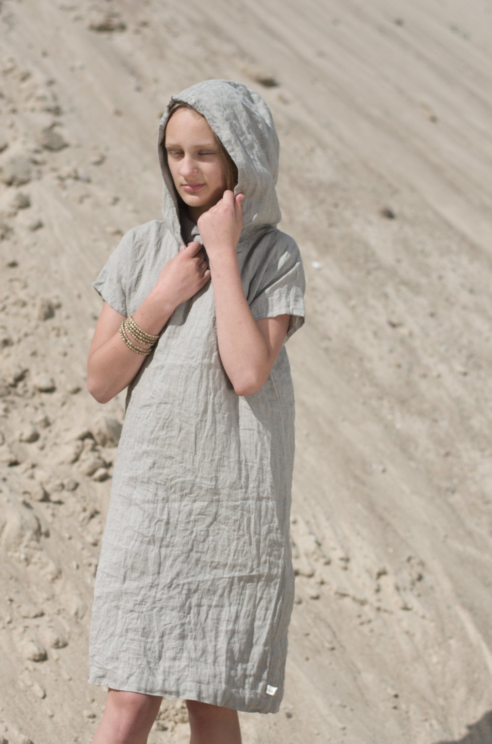 Short sleeve linen hoodie dress forest | linen summer dress - Image 3