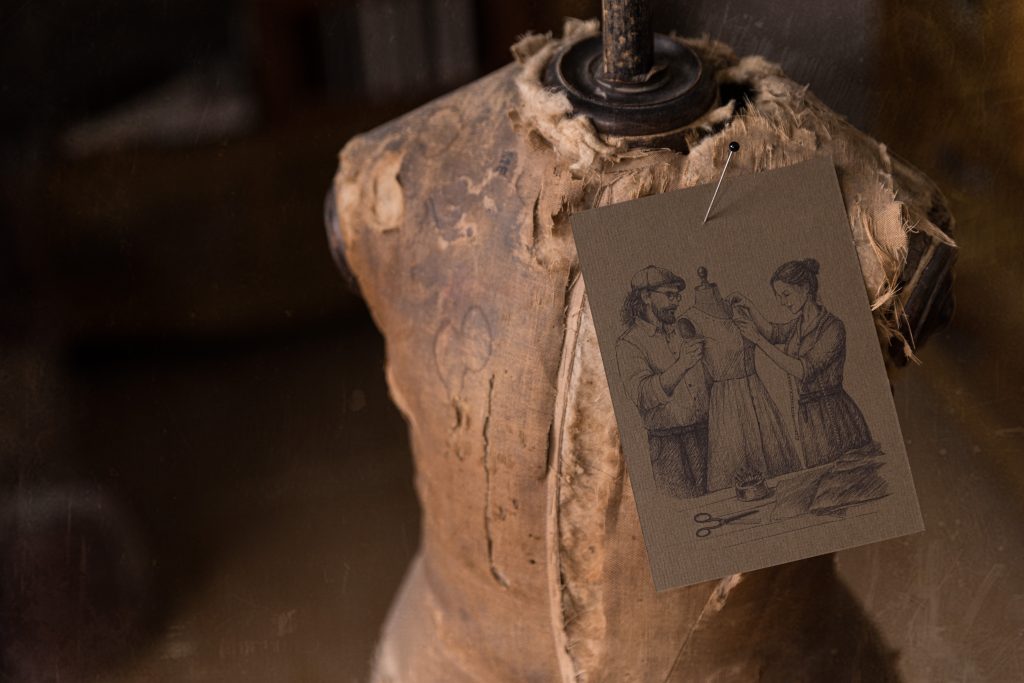 Knock Knock Linen studio detail: worn dress form with a pinned card showing a pencil sketch of two people fitting a dress on a mannequin.