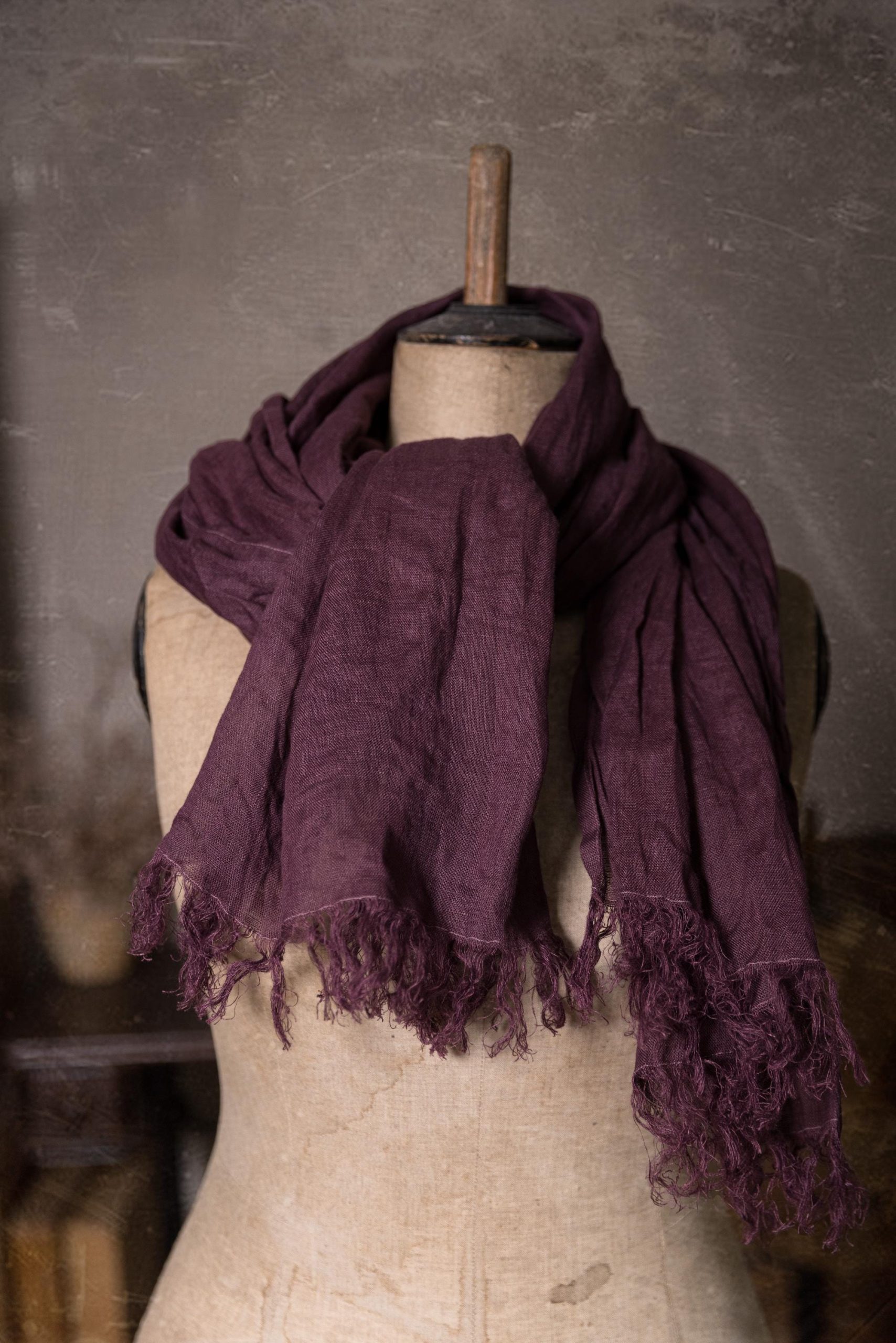linen scarf in Plum, soft fringe, linen shawl