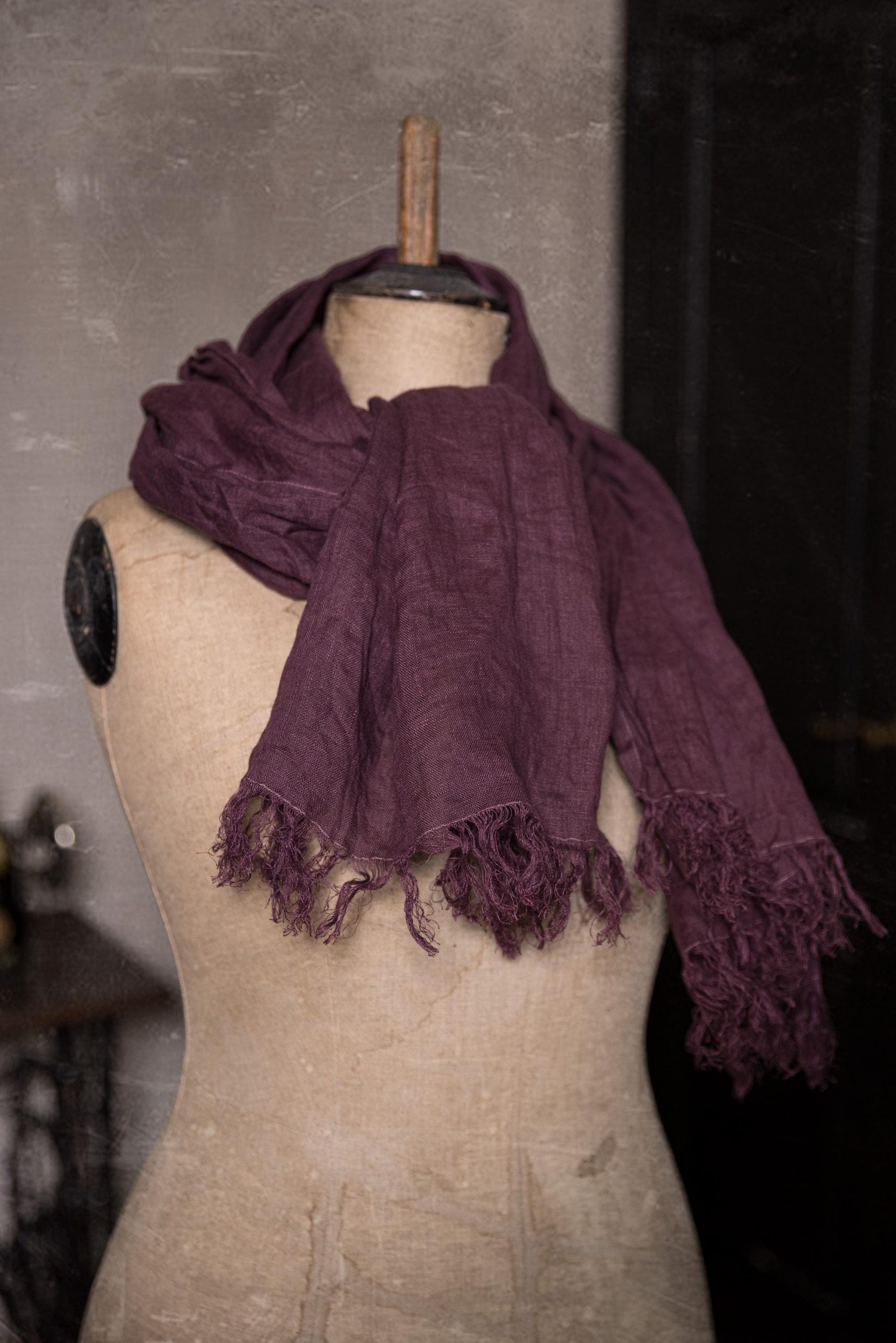 linen scarf in Plum, soft fringe, linen shawl - Image 2