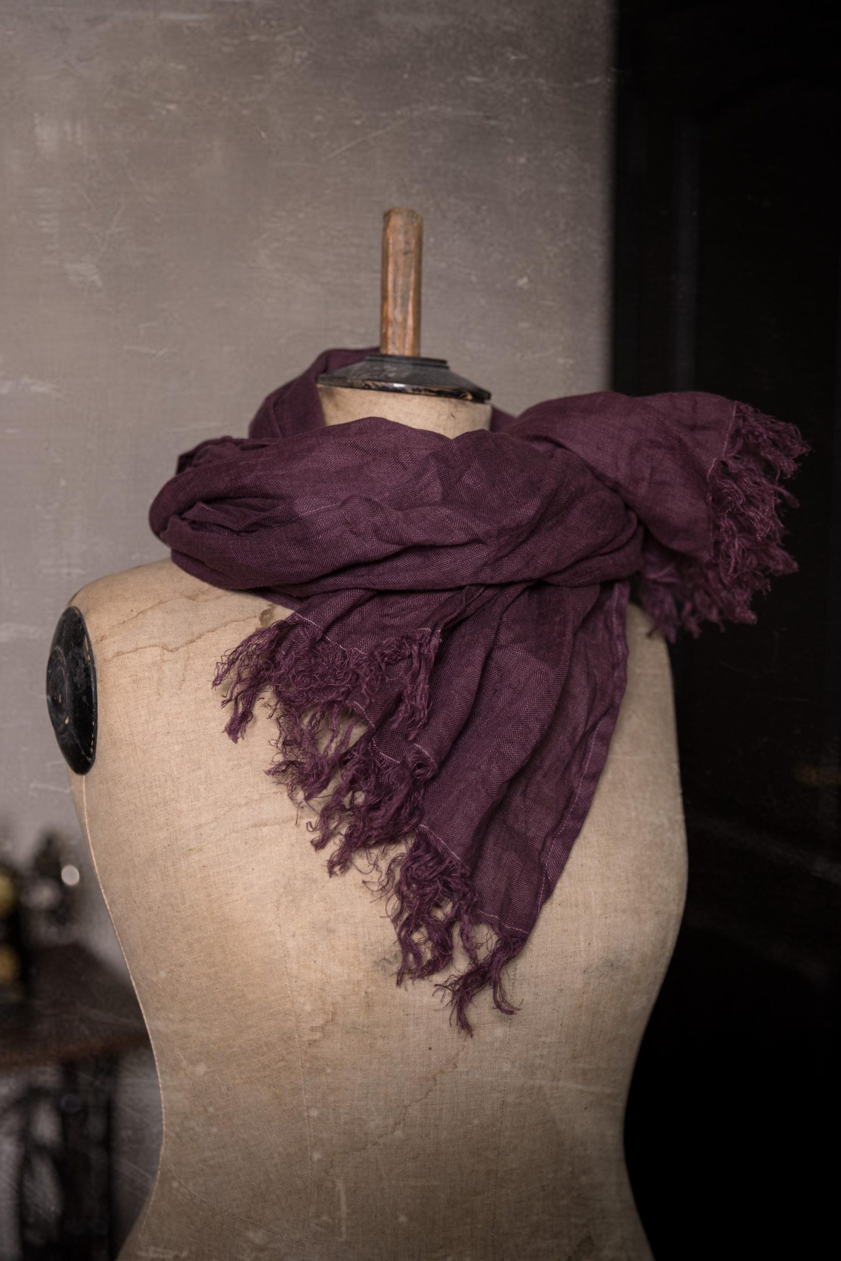 linen scarf in Plum, soft fringe, linen shawl - Image 3