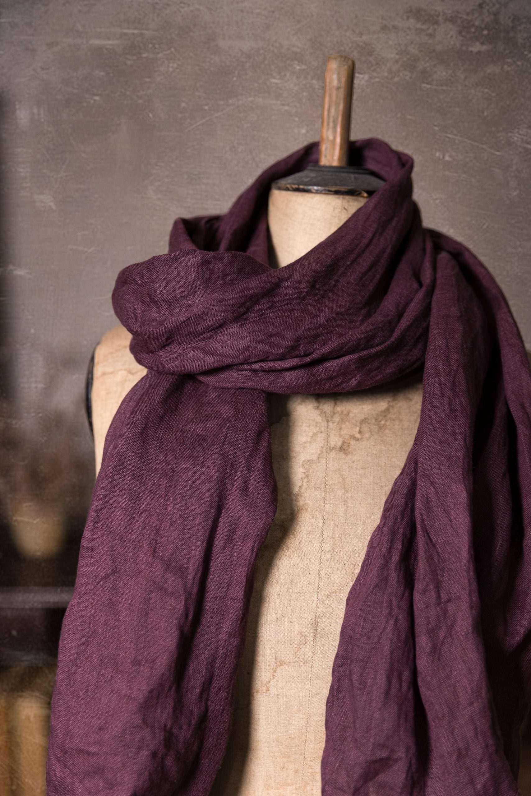 linen scarf in Plum, soft fringe, linen shawl - Image 5