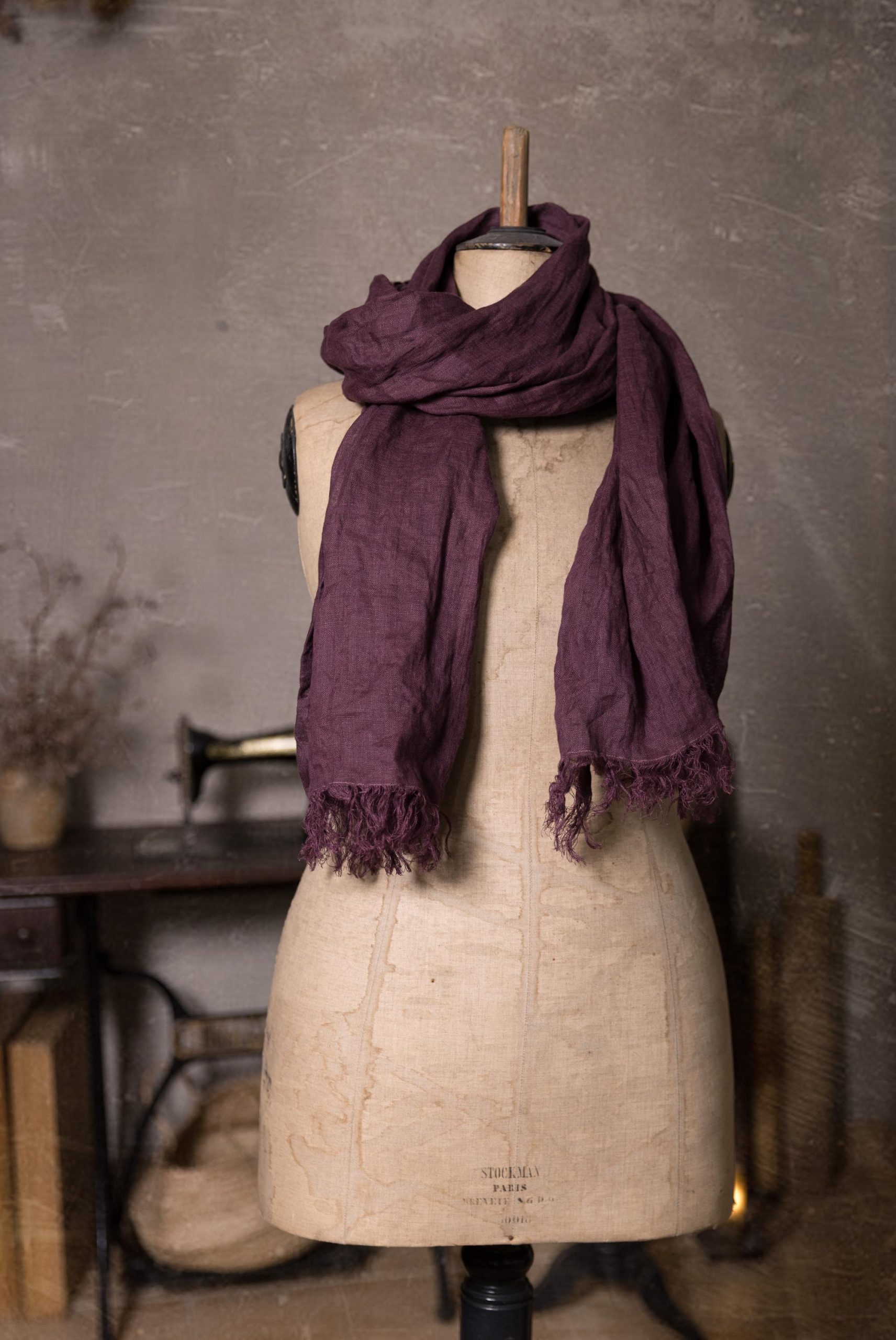 linen scarf in Plum, soft fringe, linen shawl - Image 4